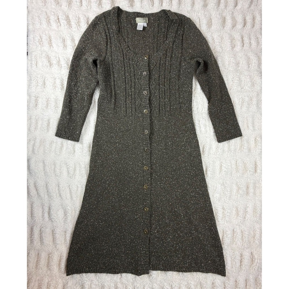 The Territory Ahead Silk Wool Blend Cable Knit Button Front Sweater Dress Green